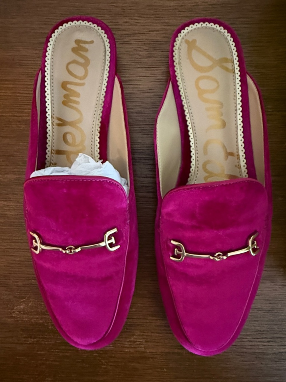 Sam Edelman Fuchsia Velvet Slip-On Mules with Gold Horsebit
